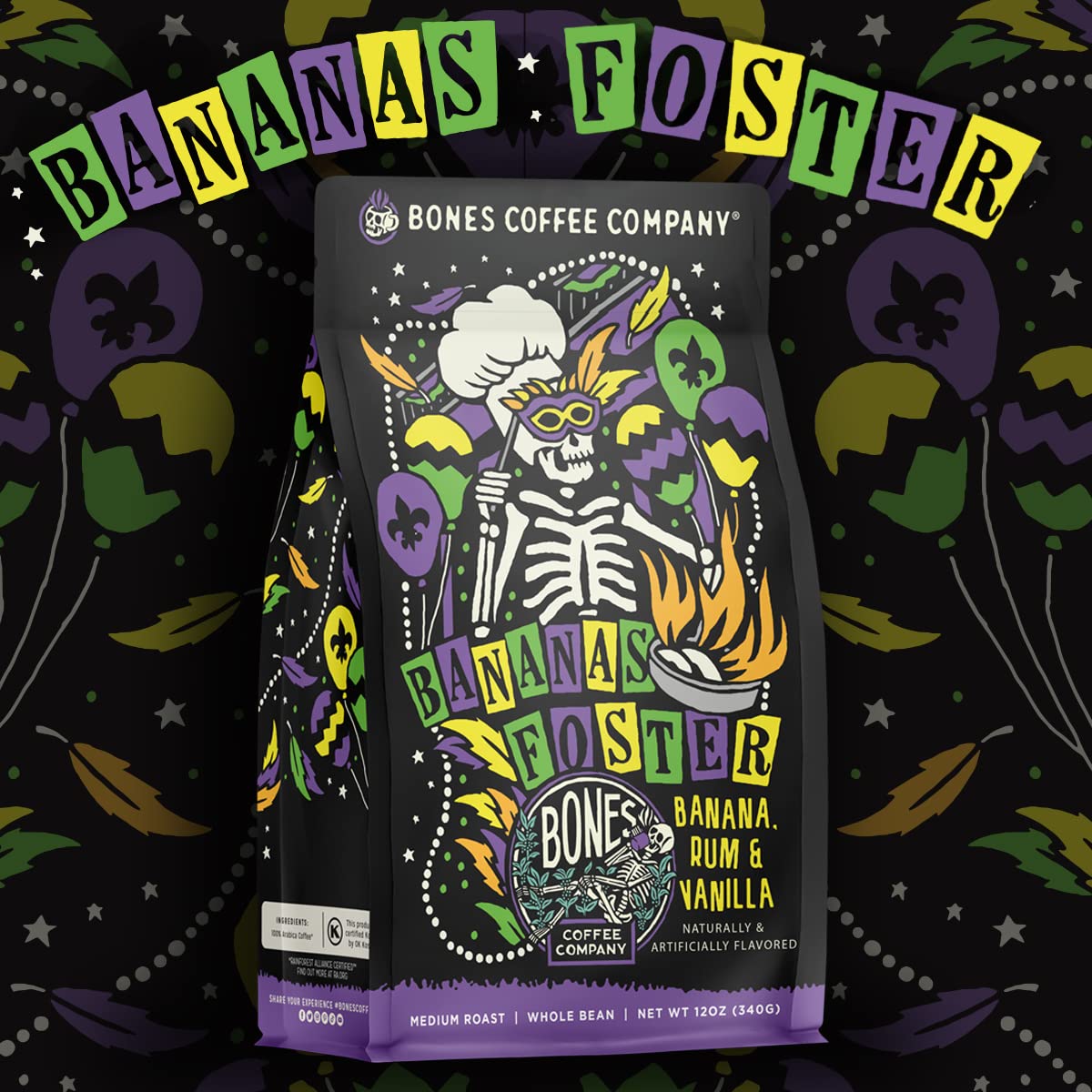 Steaming cup of Bones Bananas Foster highlighting dessert-like banana-forward aroma