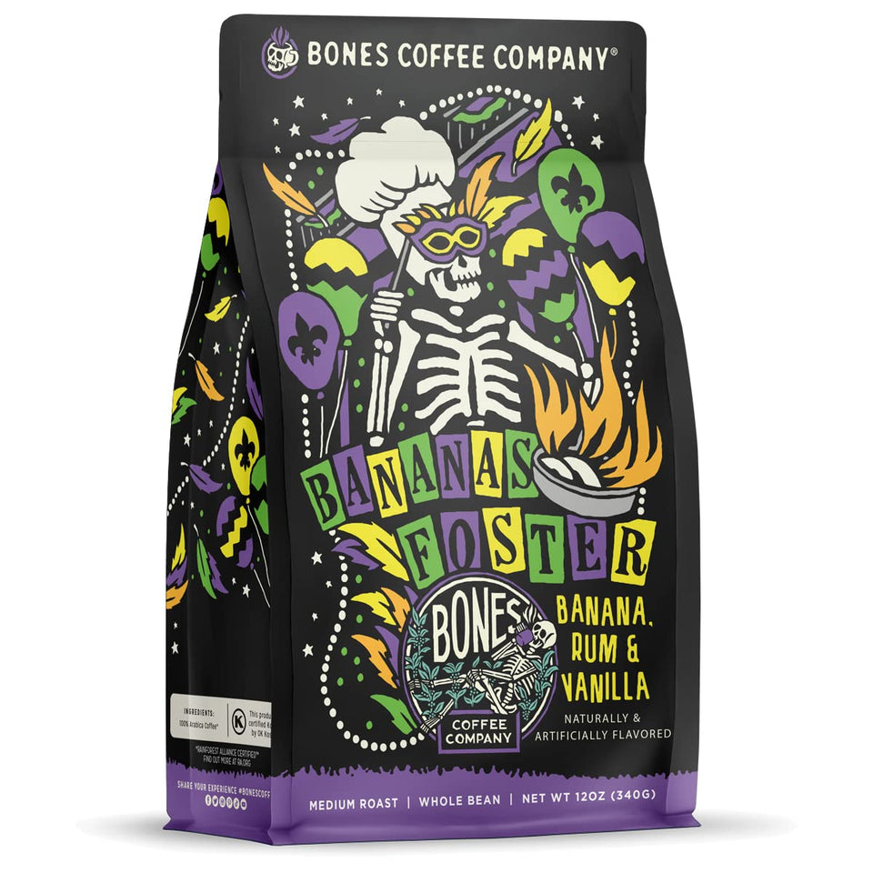 Bones Coffee Bananas Foster packshot showing resealable bag for freshness