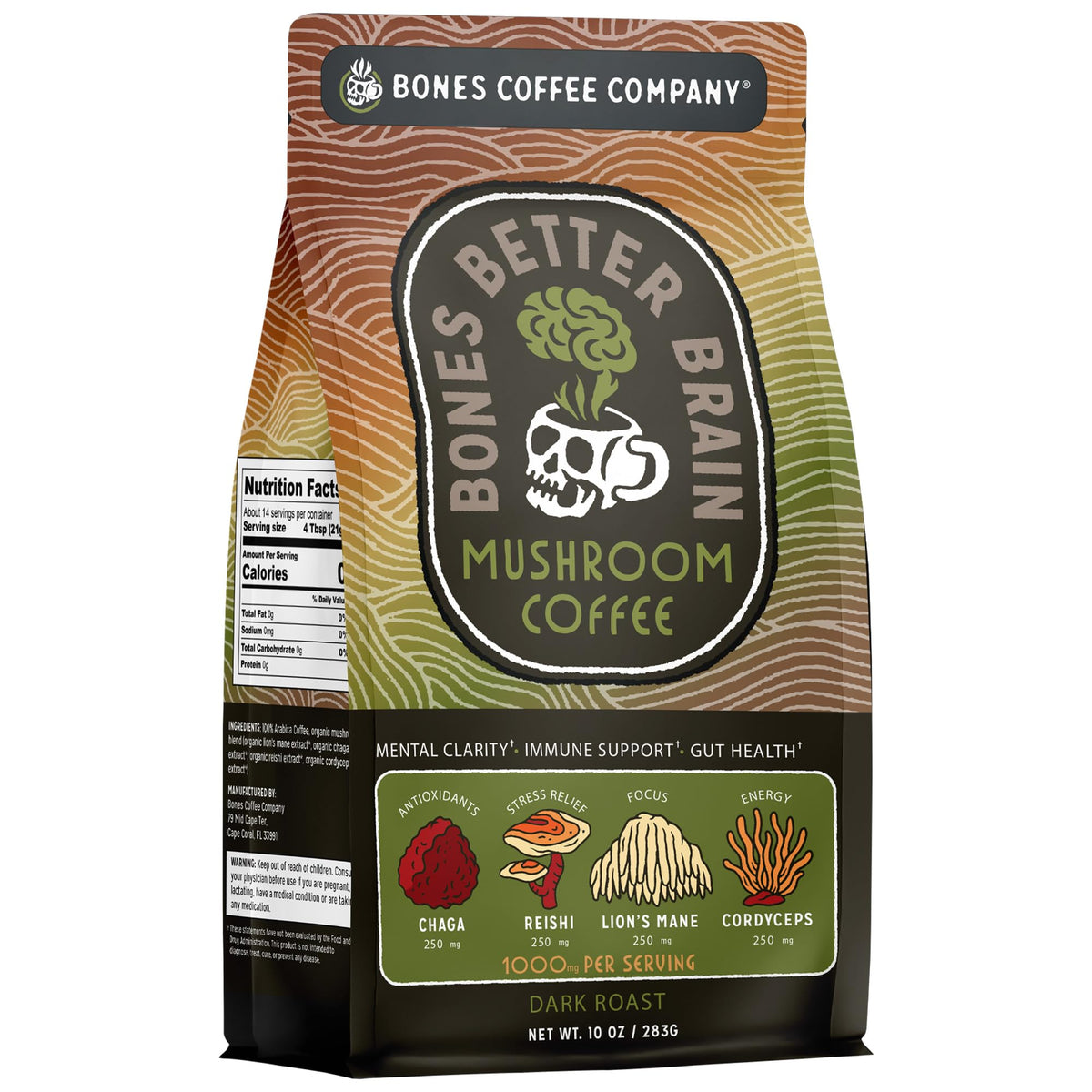 Bones Coffee Better Brain Dark Roast bag with mushroom blend for smoother energy