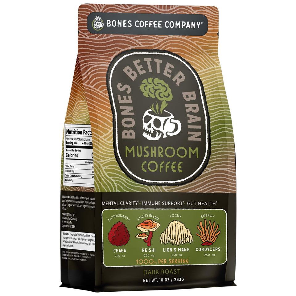 Bones Coffee Better Brain Dark Roast bag with mushroom blend for smoother energy