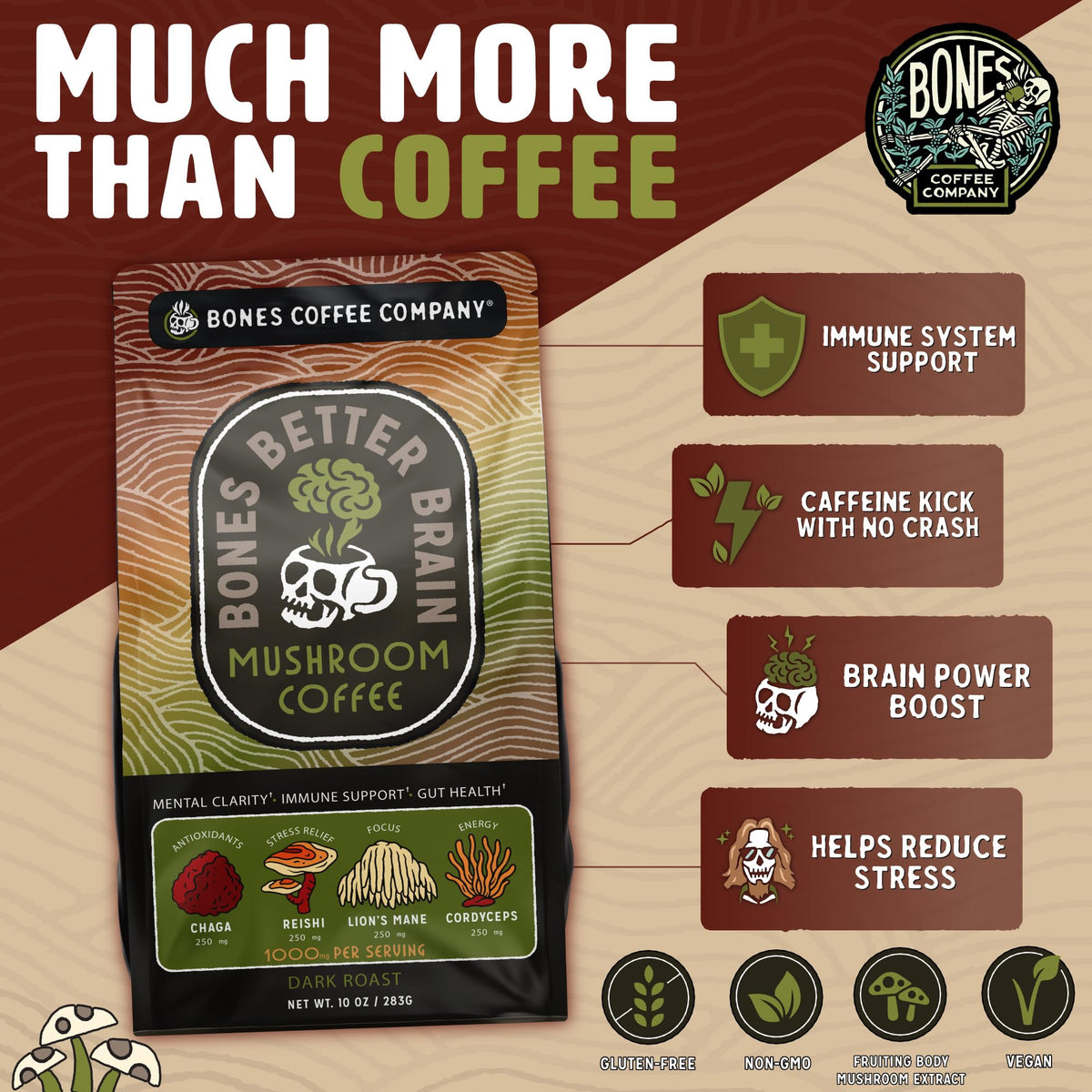 Bones Coffee Better Brain with mushroom blend supports calm focus and digestive balance