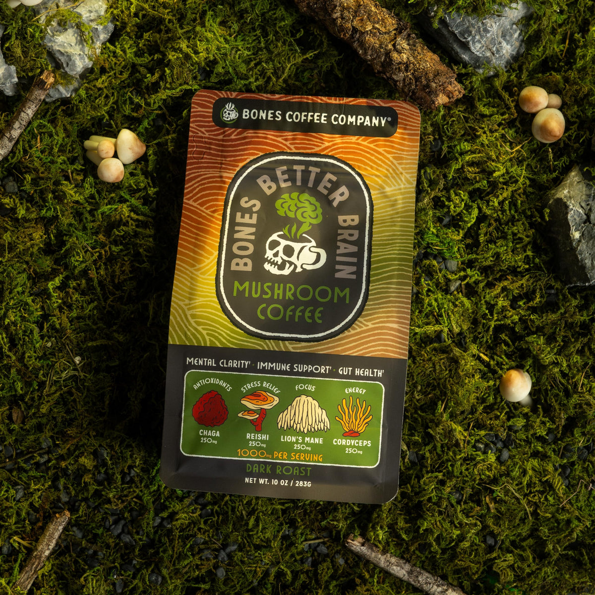Bones Coffee Better Brain kitchen counter with ground coffee—fresh, small-batch roasted