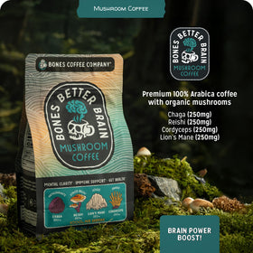 Bones Coffee Better Brain mug with bag, ideal for quick brain-boosting coffee