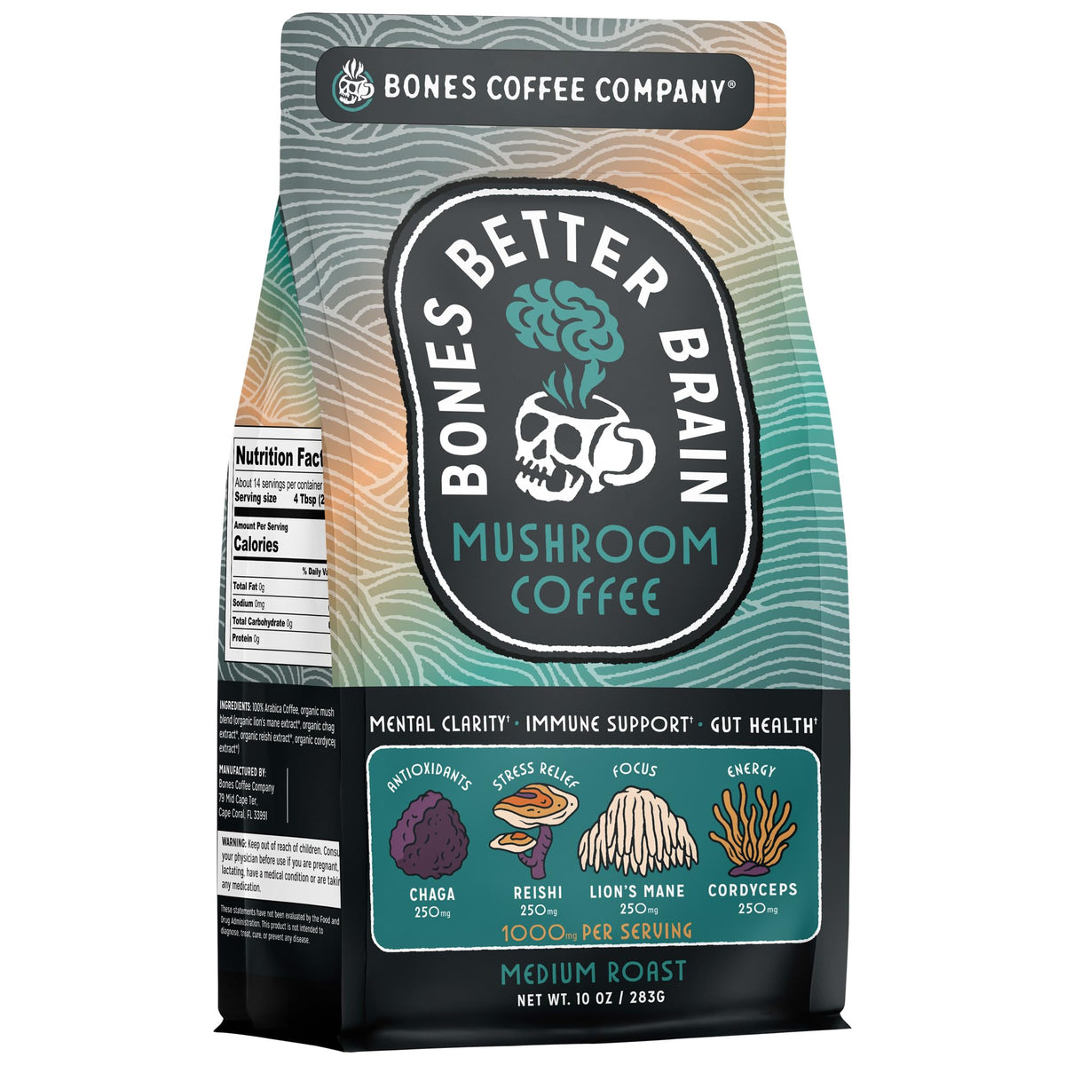 Bones Coffee Better Brain mushroom blend bag, rich aroma supports morning focus