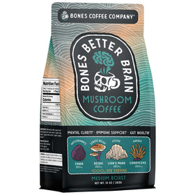 Bones Coffee Better Brain mushroom blend bag, rich aroma supports morning focus