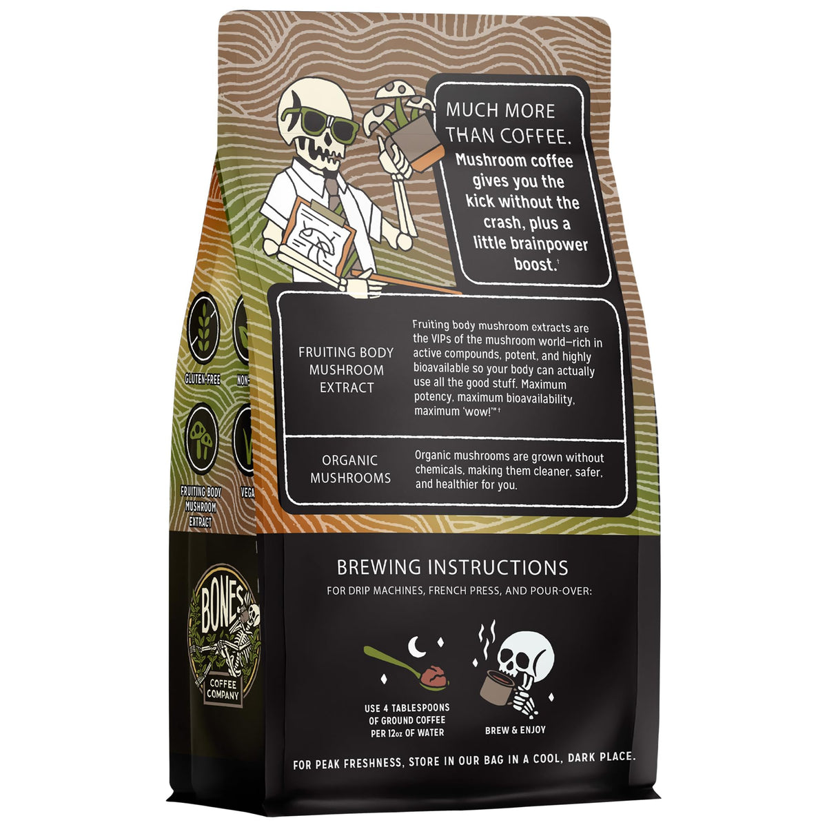 Bones Coffee Better Brain mushroom powder blend—visible Chaga, Reishi, and Lion’s Mane