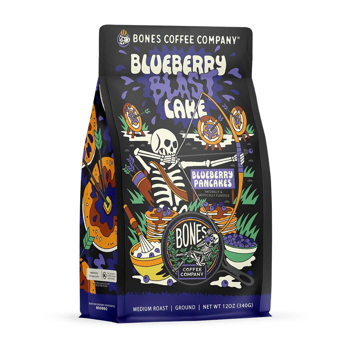 Bones Coffee Company Blueberry Blast Cake bag front showing vibrant label for fresh, flavorful mornings