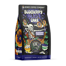 Bones Coffee Company Blueberry Blast Cake bag front showing vibrant label for fresh, flavorful mornings