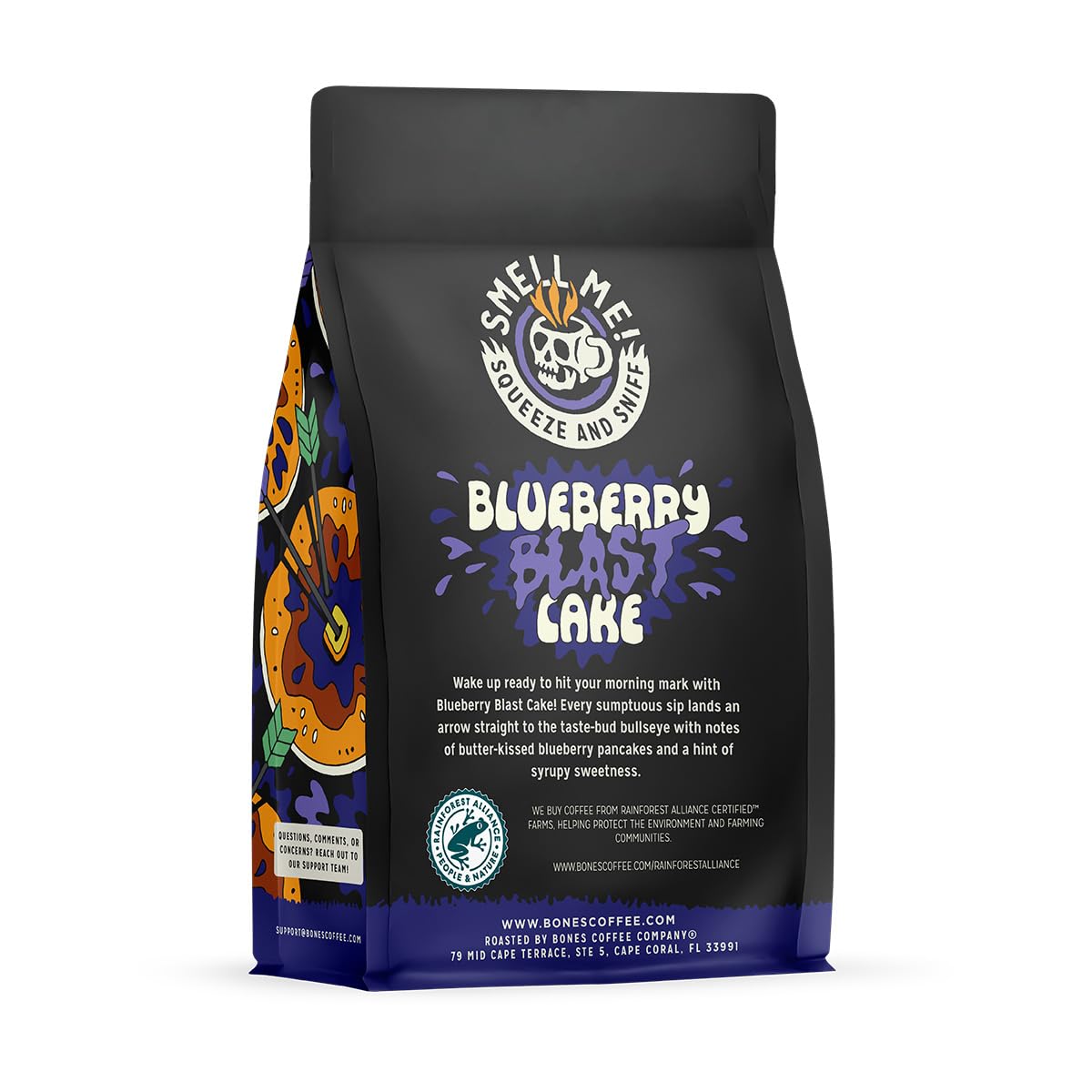 Bones Coffee Company Blueberry Blast Cake cup with steam and inviting aroma