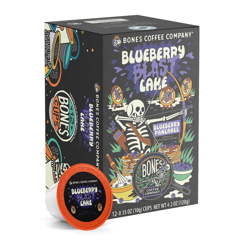 Bones Coffee Blueberry Blast Cake pod pack for convenient mornings with blueberry notes.