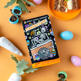 Bones Coffee Brazilian Arabica beans highlight ethical sourcing and bright aroma.