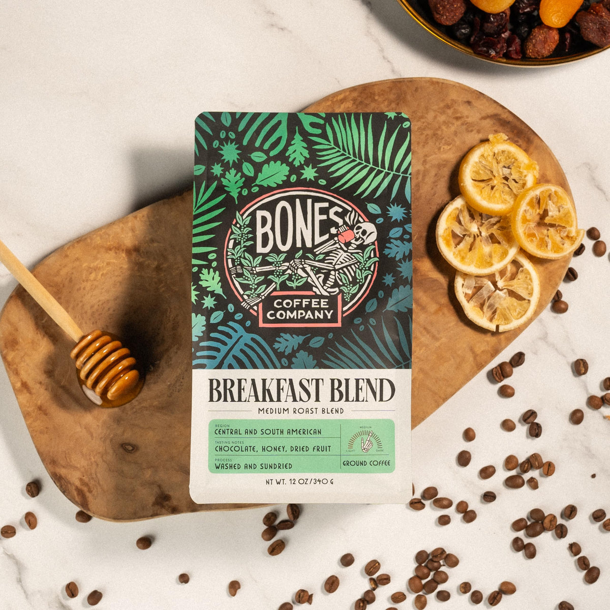 Bones Coffee Breakfast Blend aroma highlighting honey and fruit notes