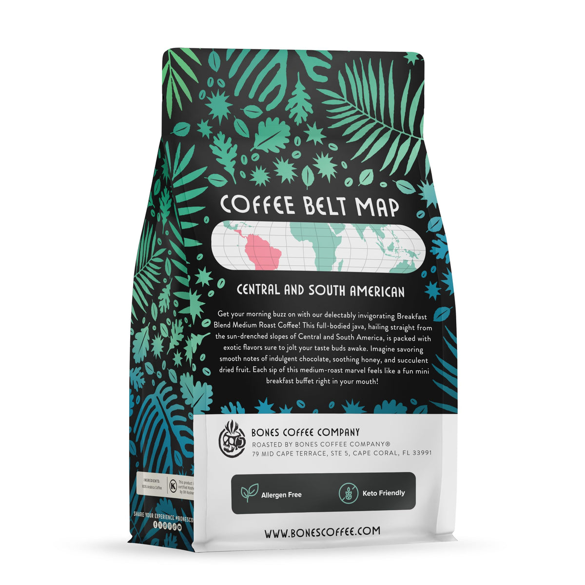 Bones Coffee Breakfast Blend packaging showcases freshness and resealability