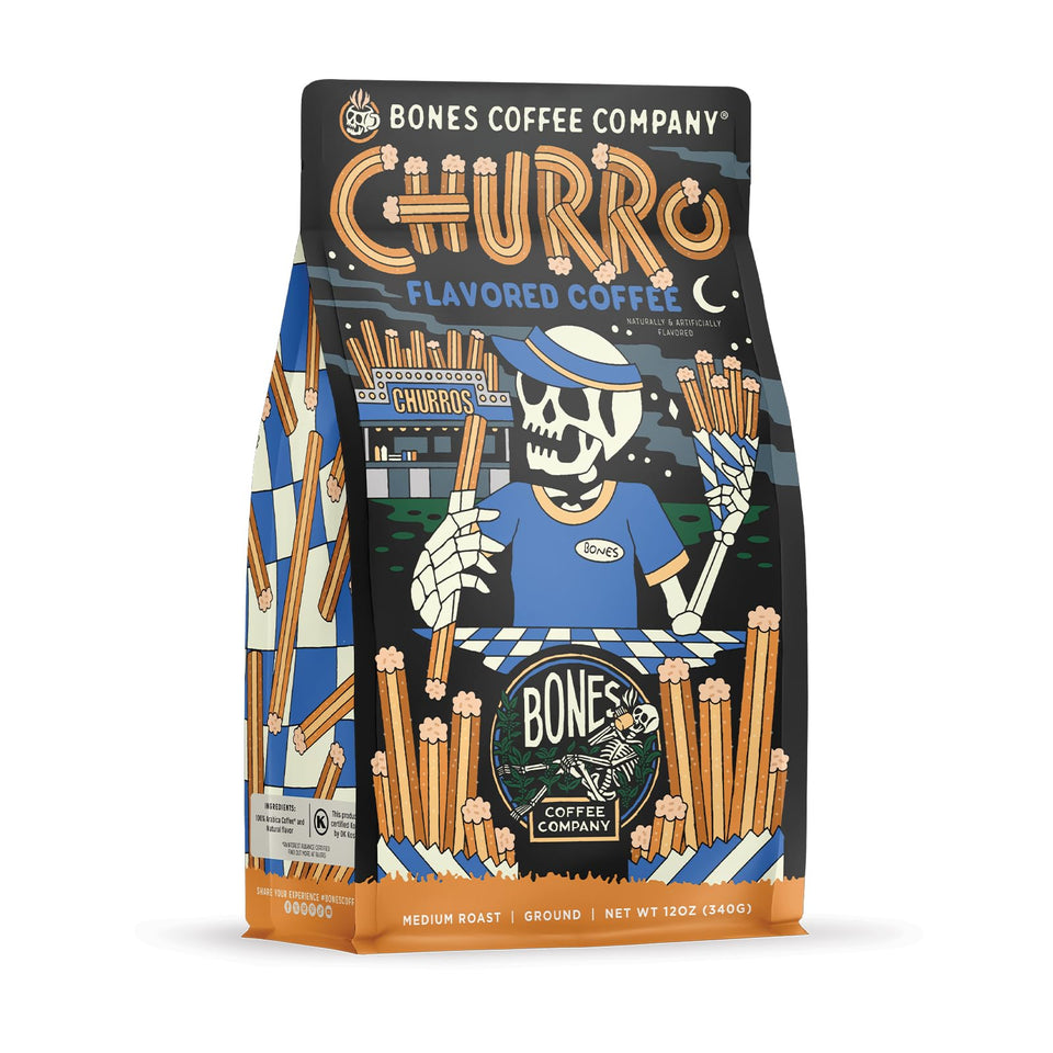 Bones Coffee Company churro aroma cup highlights rich aroma for a cozy morning.