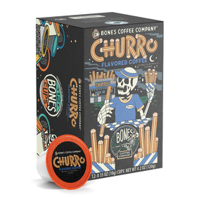 Bones Coffee Company churro flavored pod aroma enhances mornings with cinnamon warmth.