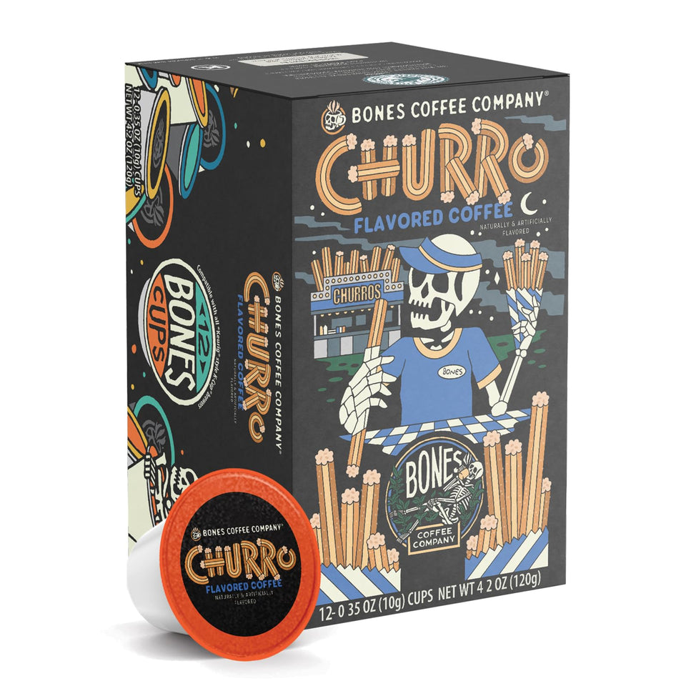 Bones Coffee Company churro flavored pod aroma enhances mornings with cinnamon warmth.