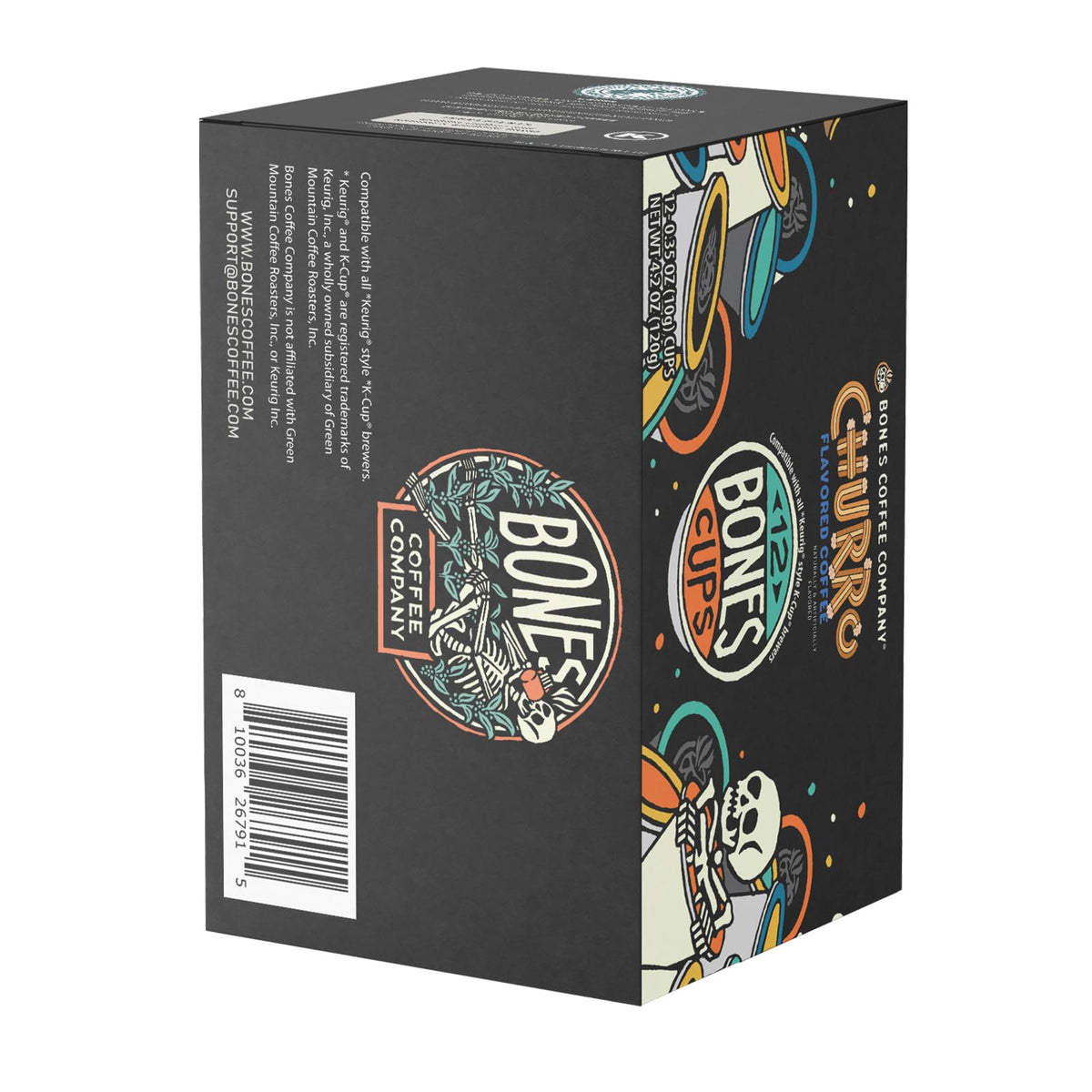 Bones Coffee Company artisan roast churro pod delivers full bodied flavor.