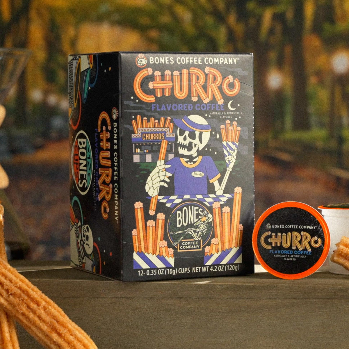 Bones Coffee Company churro pod demonstrates Keurig compatibility for quick brews.