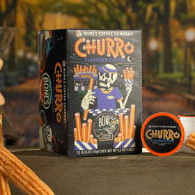 Bones Coffee Company churro pod demonstrates Keurig compatibility for quick brews.