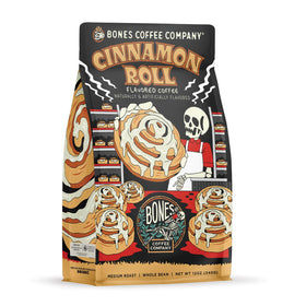 Bones Coffee Cinnamon Roll bag with resealable seal preserves freshness.