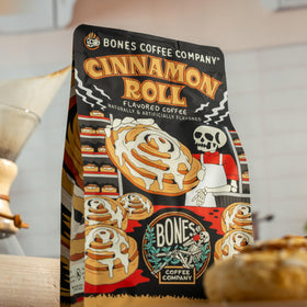 Bones Coffee Cinnamon Roll beans ready for grinding for custom French press.