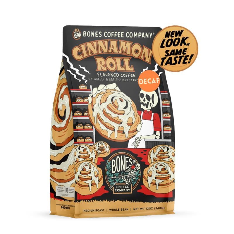 Bones Coffee Cinnamon Roll decaf bag with resealable packaging preserves freshness.