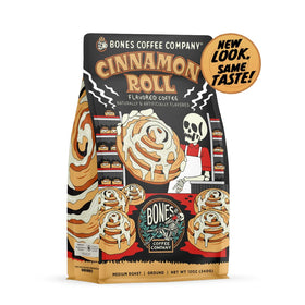 Bones Coffee Cinnamon Roll Decaf cup shows inviting aroma and flavor