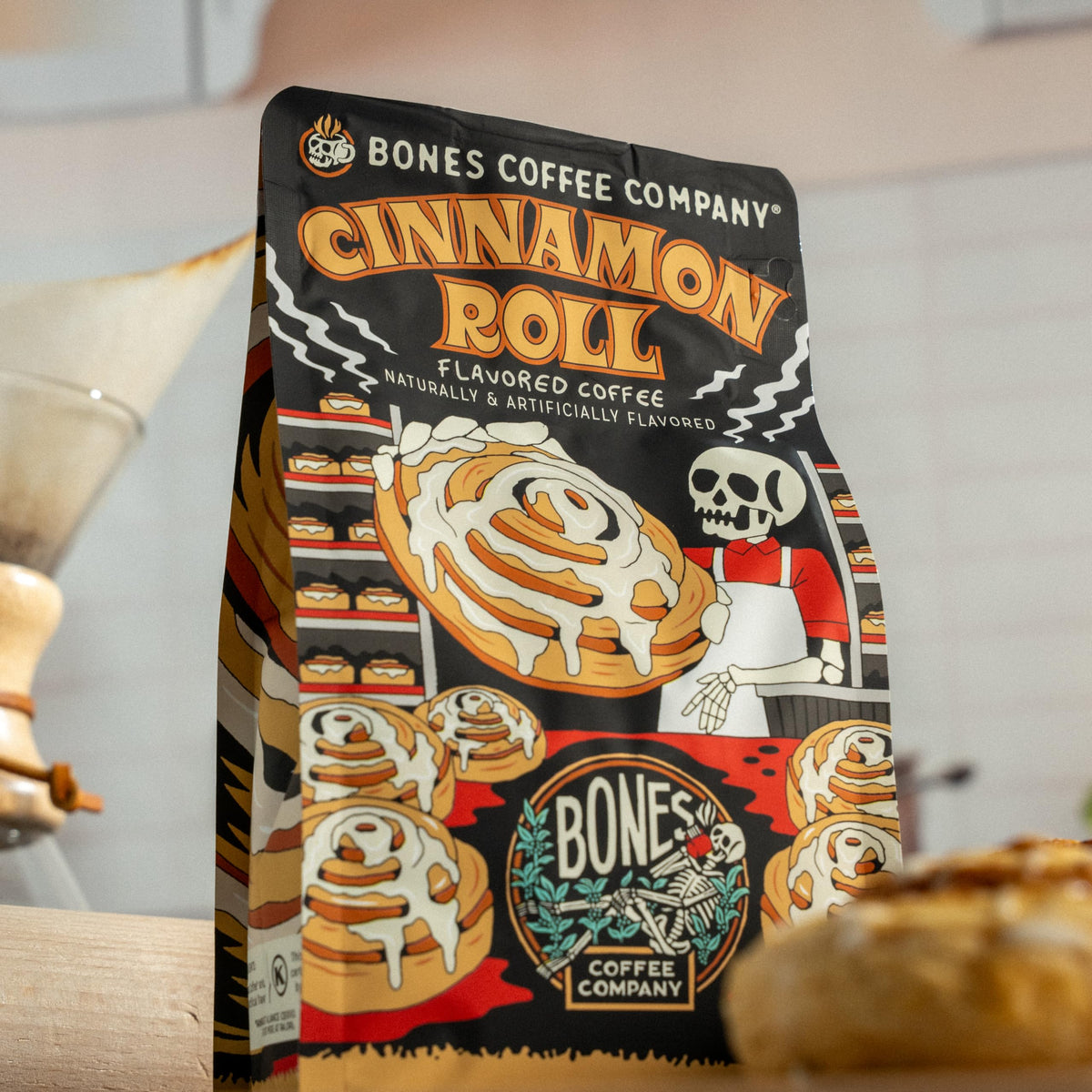 Bones Coffee Cinnamon Roll Decaf grind demonstrates versatile brewing options
