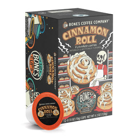 Bones Coffee Company Cinnamon Roll Pod packaging close-up highlighting premium roast aroma.