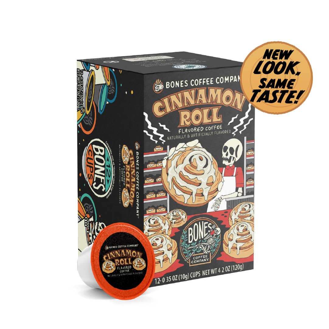 Bones Coffee Company Cinnamon Roll Pod packaging beside recyclable symbol, highlighting eco-friendly choice.