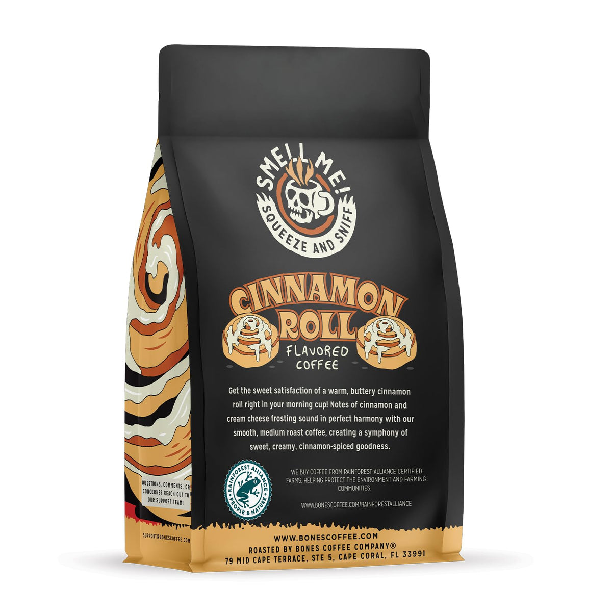 Bones Coffee Cinnamon Roll decaf whole beans ready for grinding.