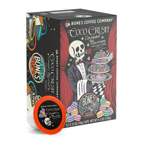 Bones Coffee Coco Crush coconut macaron flavor pods with tropical aroma and smooth low-acid profile.