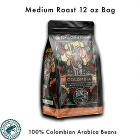 Bones Coffee Company Colombia beans with almond sweetness and dried fruit notes.