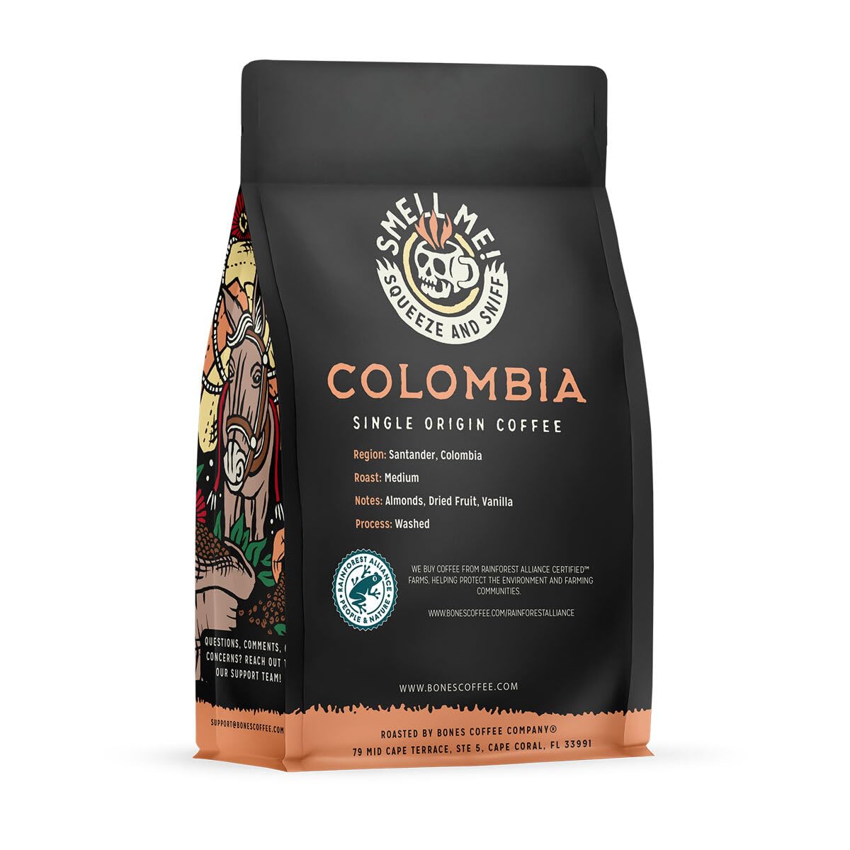 Bones Coffee Colombia almonds note on surface signaling nutty aroma for espresso or drip