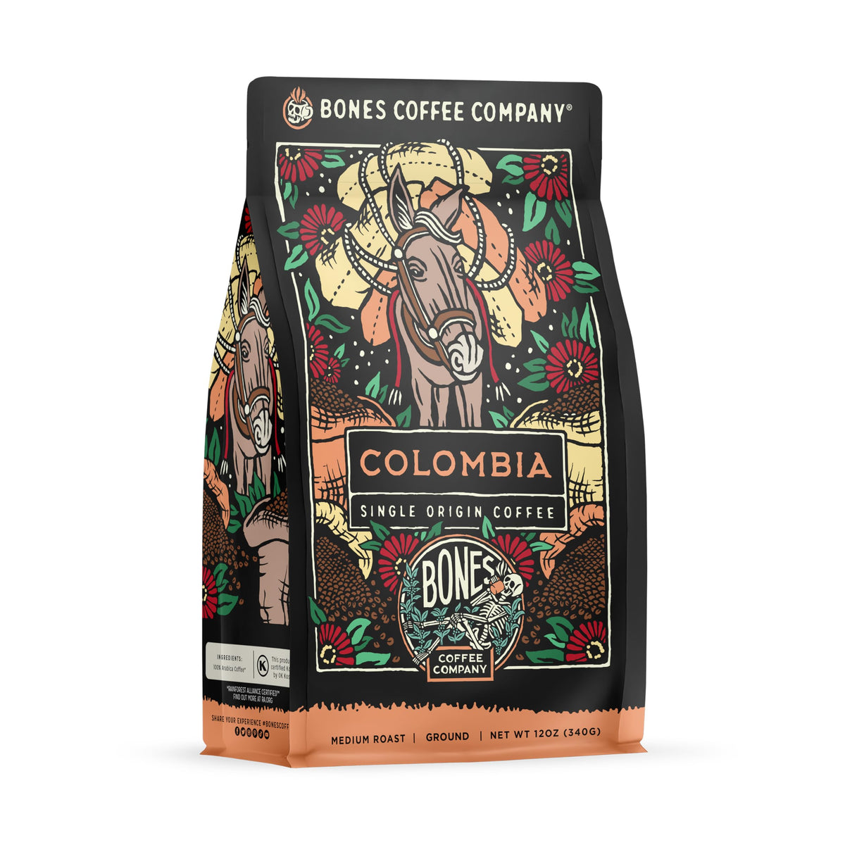 Bones Coffee Colombia beans in bag showing single-origin flavor for a bright morning brew