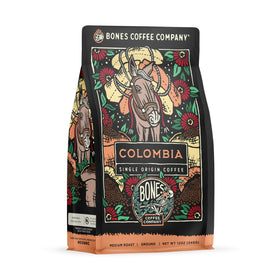 Bones Coffee Colombia beans in bag showing single-origin flavor for a bright morning brew