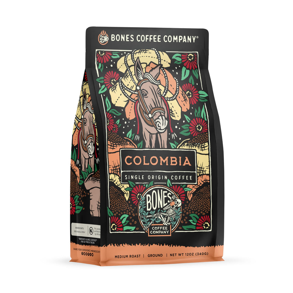 Bones Coffee Colombia beans in bag showing single-origin flavor for a bright morning brew