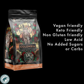 Bones Coffee Company medium roast cup shown, highlighting low acidity.