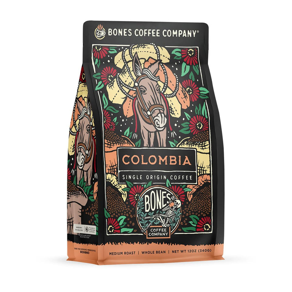Bones Coffee Company Colombia single-origin bag front showcasing vanilla notes and citrus hints.