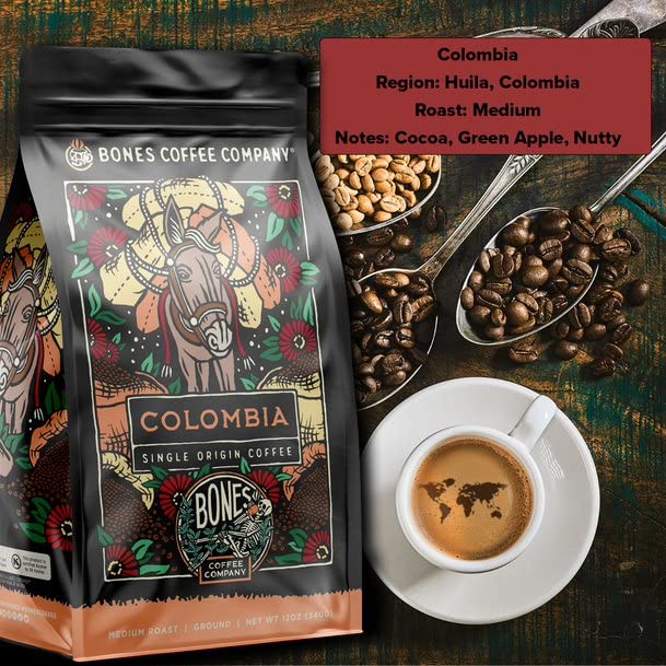 Bones Coffee Colombia vanilla note steam rising suggesting smooth flavor in every sip