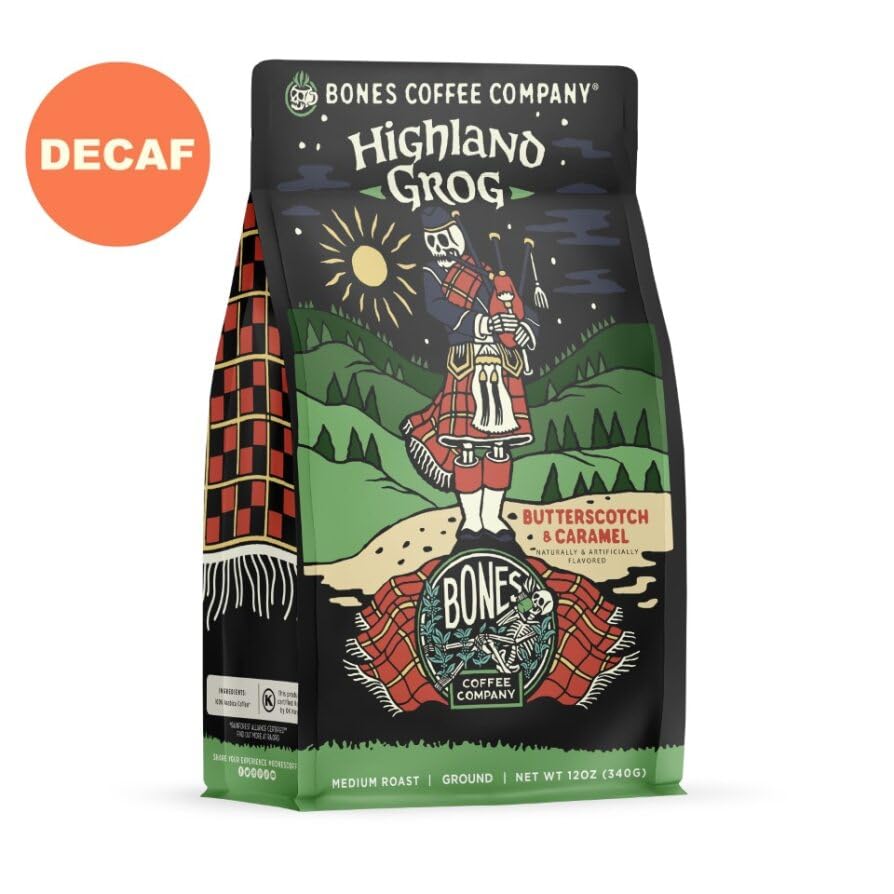 Bones Coffee Company decaf Highland Grog ground coffee bag ready for auto drip