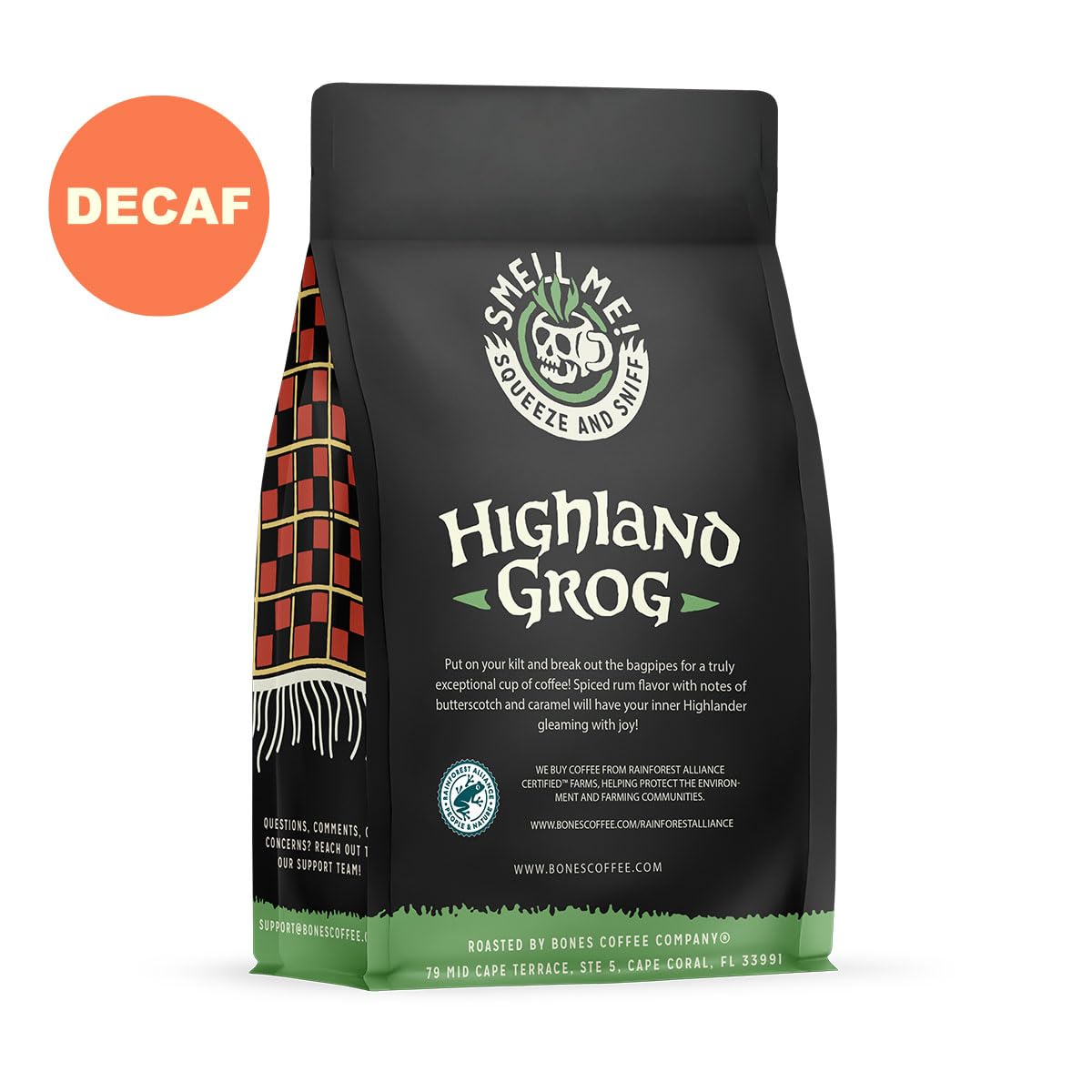 Bones Coffee Company decaf Highland Grog ground coffee in filter ready for pour-over