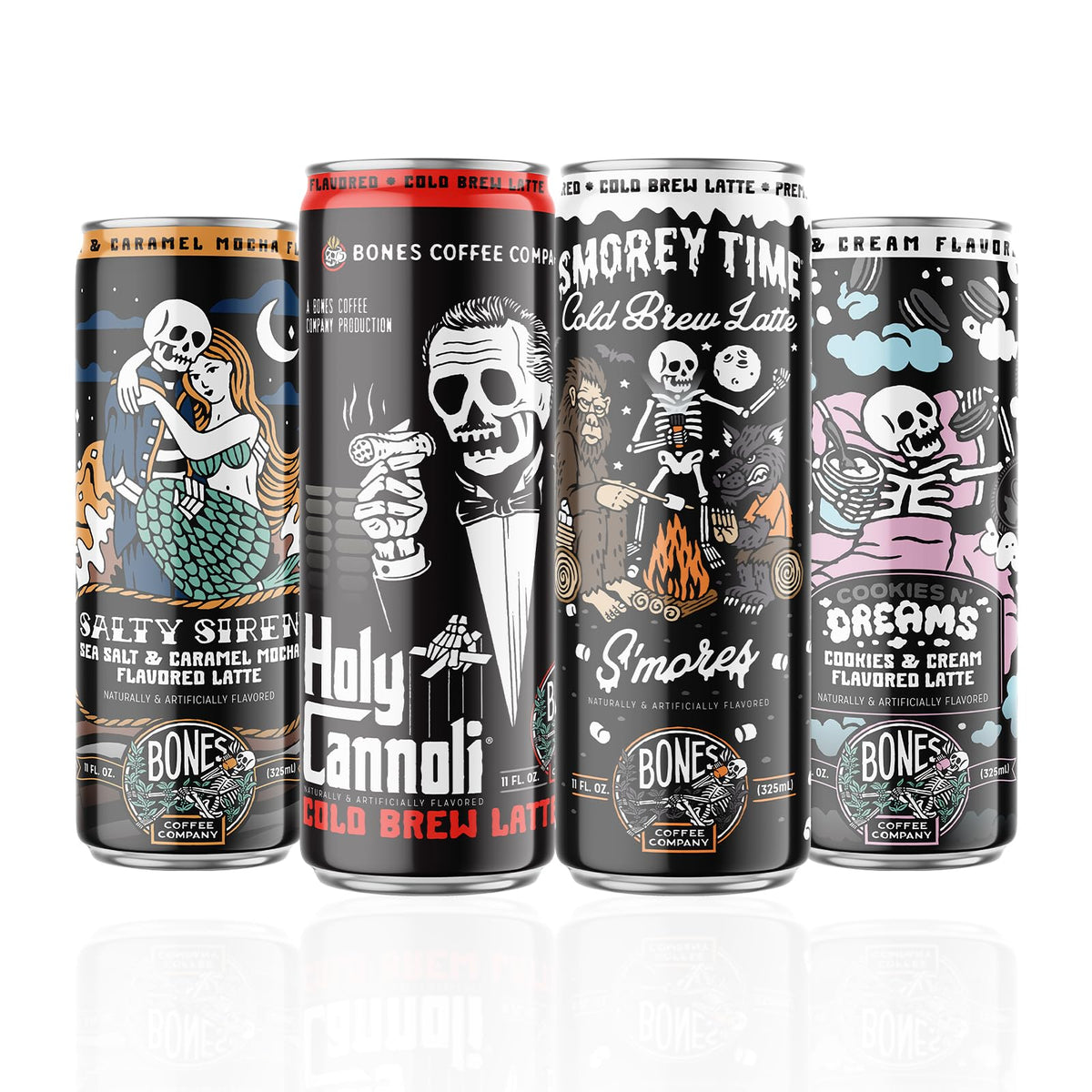 Bones Coffee Cookies N Cream latte can featuring dessert-inspired flavor for convenient caffeine.
