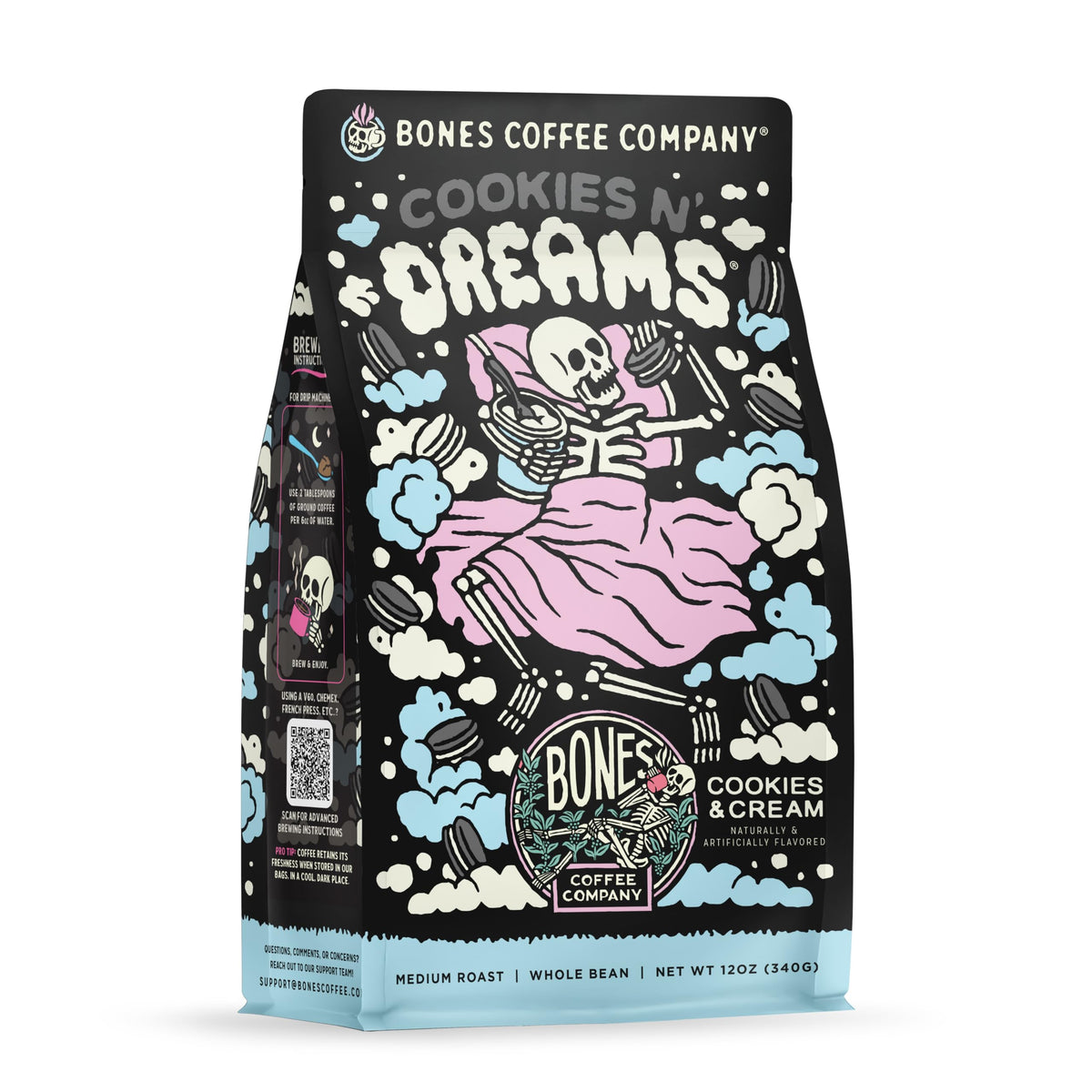 Bones Coffee Cookies 'N Dreams bag front showing premium packaging and fresh aroma