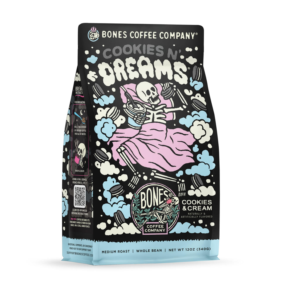 Bones Coffee Cookies 'N Dreams bag front showing premium packaging and fresh aroma