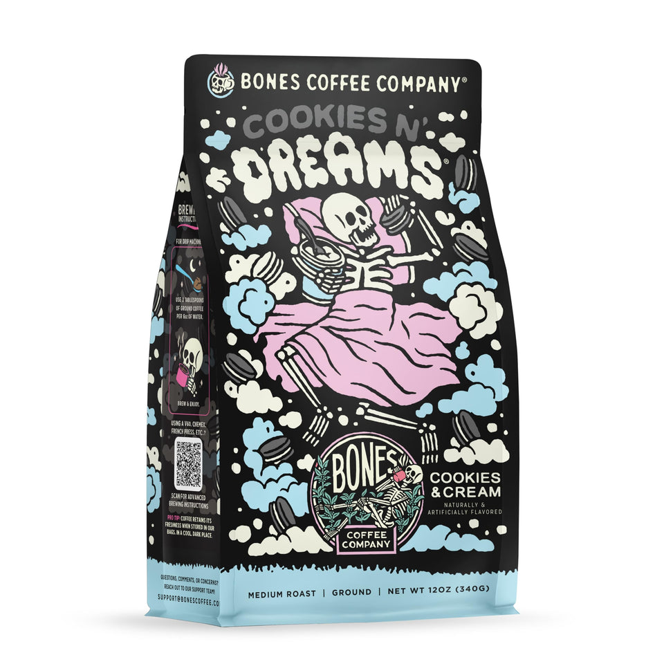 Bones Coffee Cookies N Dreams ground coffee pack with cookies and cream aroma