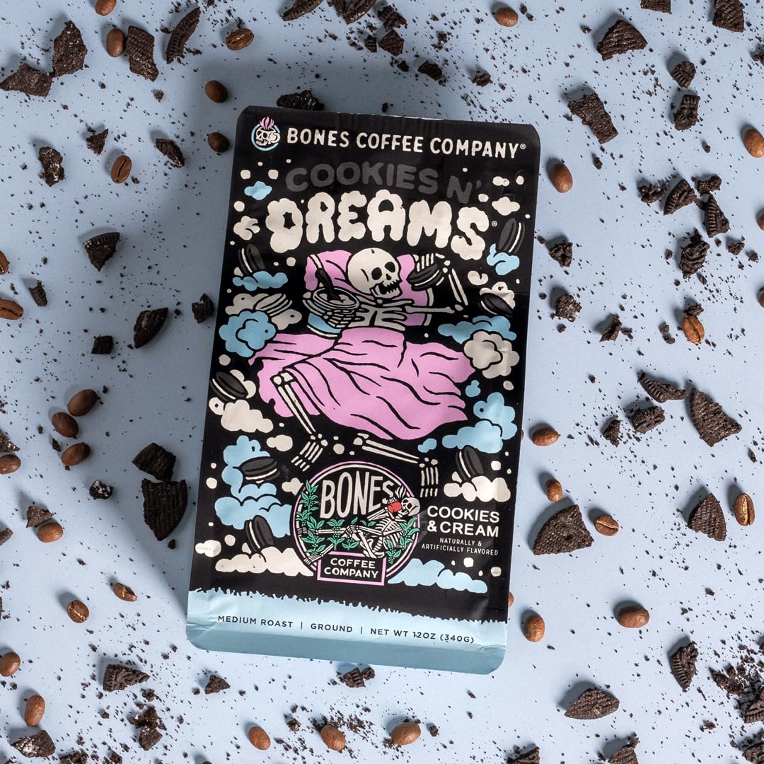 Bones Coffee Cookies N Dreams ground coffee ready for quick French press