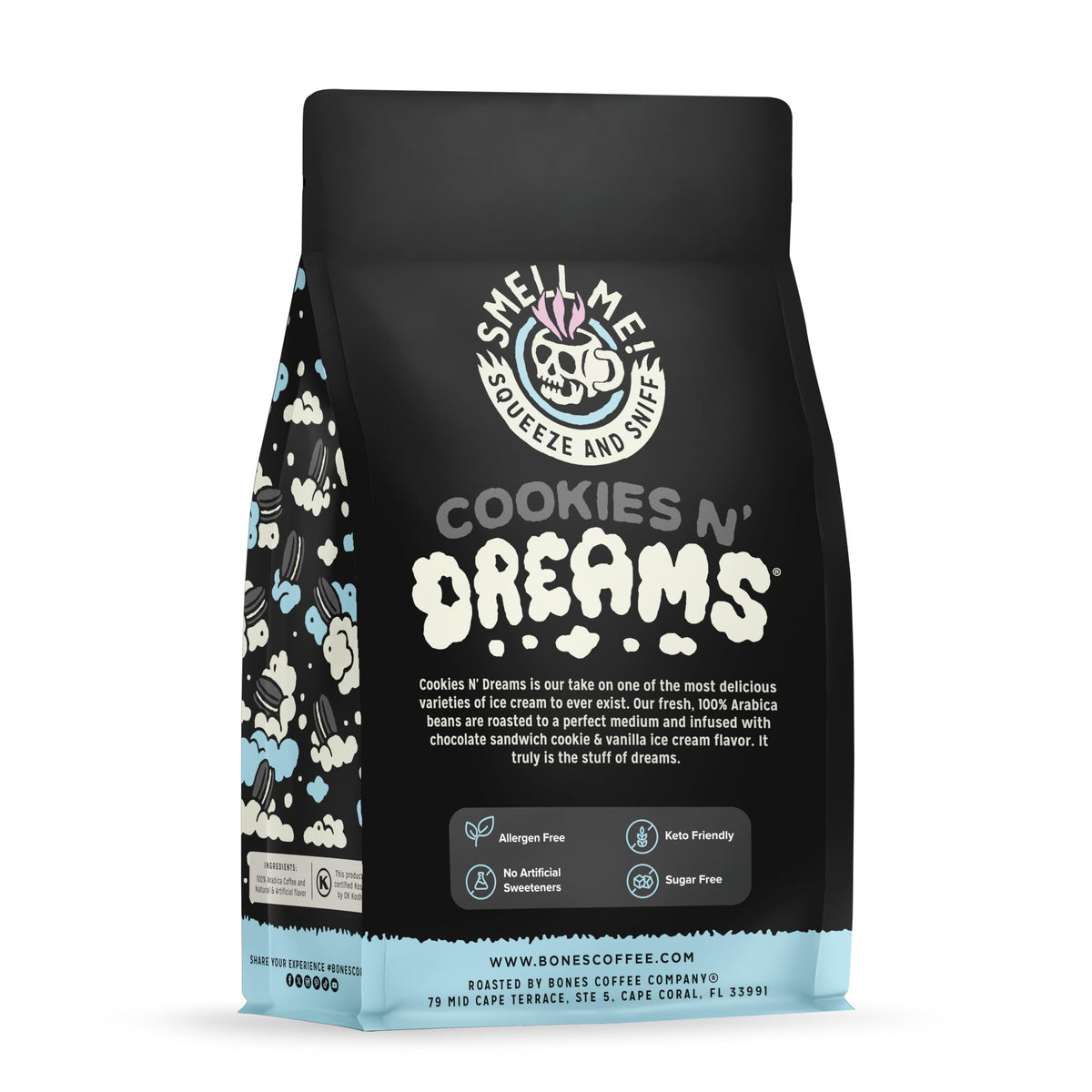 Ground Cookies 'N Dreams coffee bag highlighting auto drip compatibility