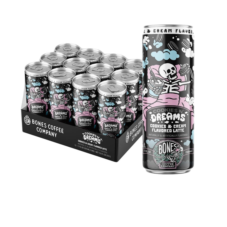 Bones Coffee Cookies N' Dreams Latte can – convenient ready-to-drink latte for busy mornings.