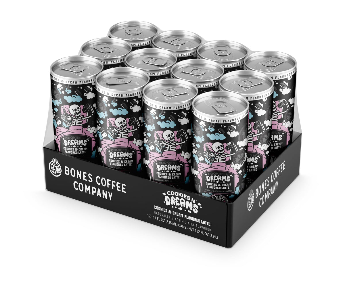 Bones Coffee Cookies N' Dreams Latte on-the-go setup – ideal for commuters and travelers.